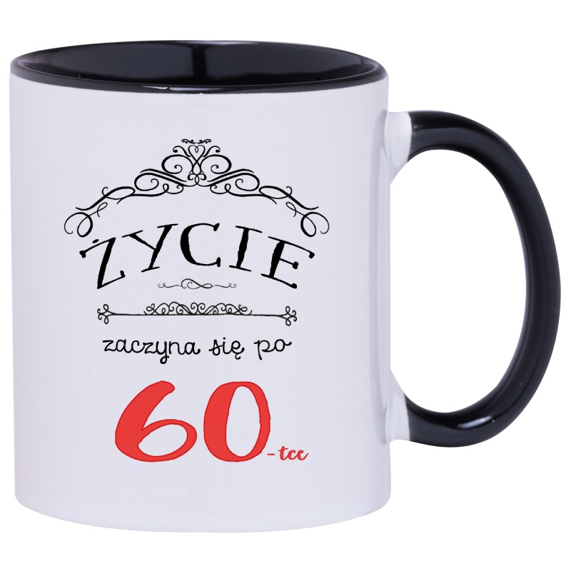 KUBEK KUBKI CZARNE UCHO CZARNY ŚRODEK NA 60 URODZINY PREZENT W180
