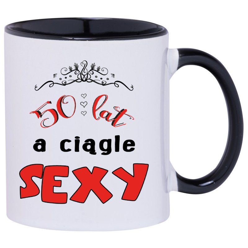 KUBEK KUBKI CZARNE UCHO CZARNY ŚRODEK NA 50 URODZINY PREZENT W178