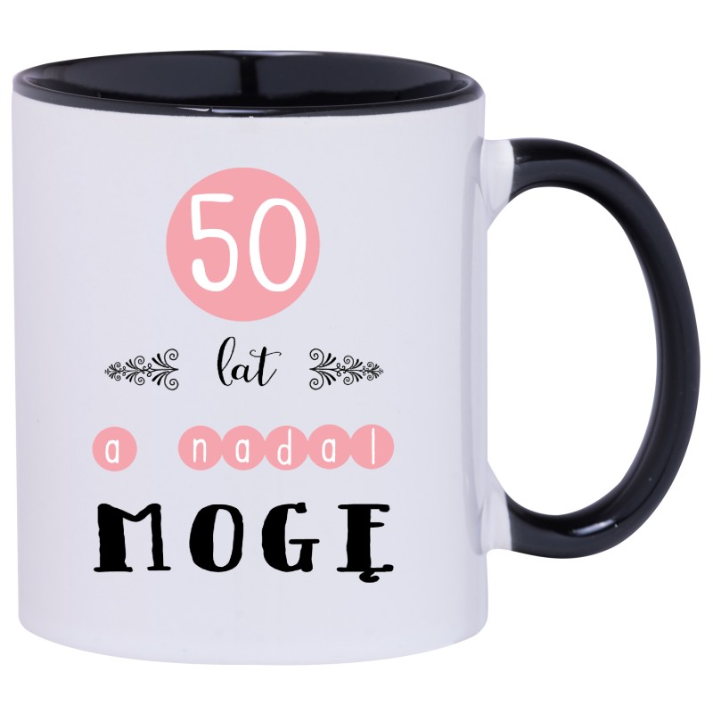 KUBEK KUBKI CZARNE UCHO CZARNY ŚRODEK NA 50 URODZINY PREZENT W177