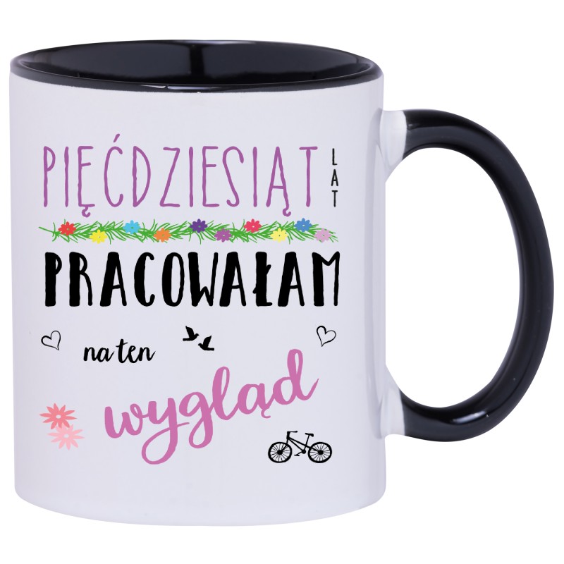 KUBEK KUBKI CZARNE UCHO CZARNY ŚRODEK NA 50 URODZINY PREZENT W175