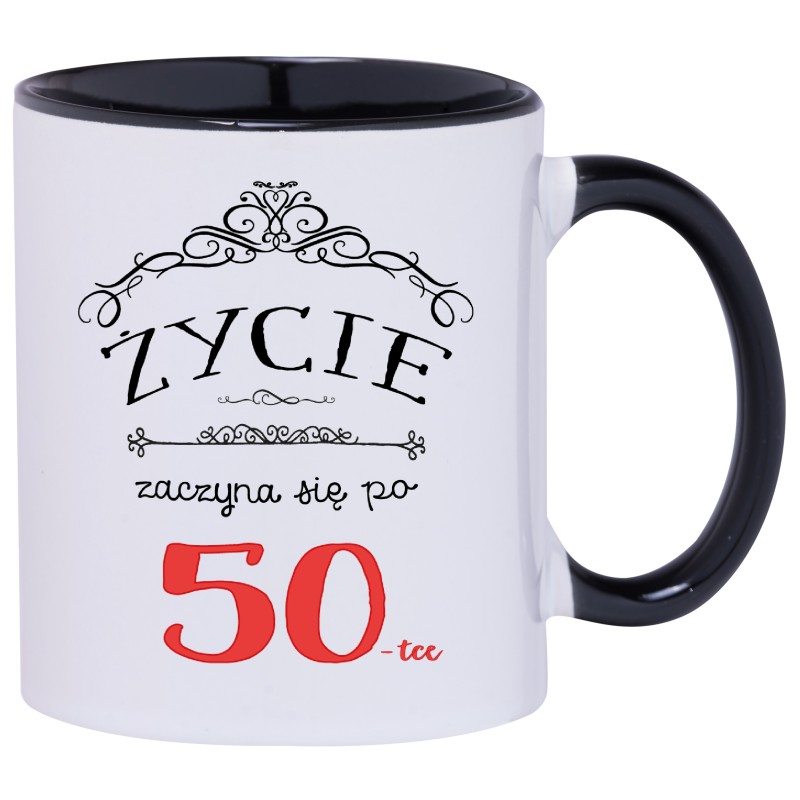 KUBEK KUBKI CZARNE UCHO CZARNY ŚRODEK NA 50 URODZINY PREZENT W172