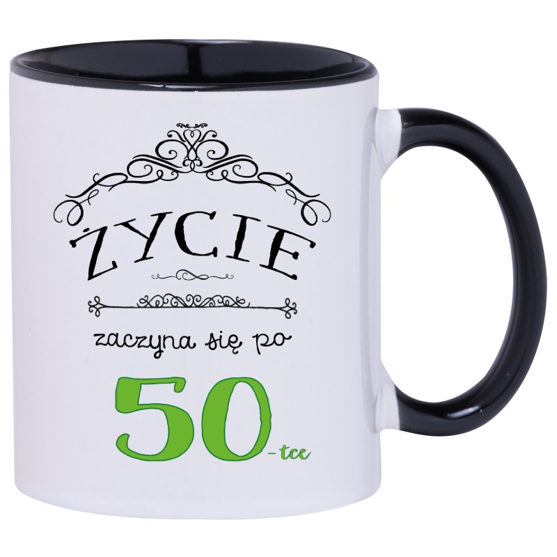 KUBEK KUBKI CZARNE UCHO CZARNY ŚRODEK NA 50 URODZINY PREZENT W171