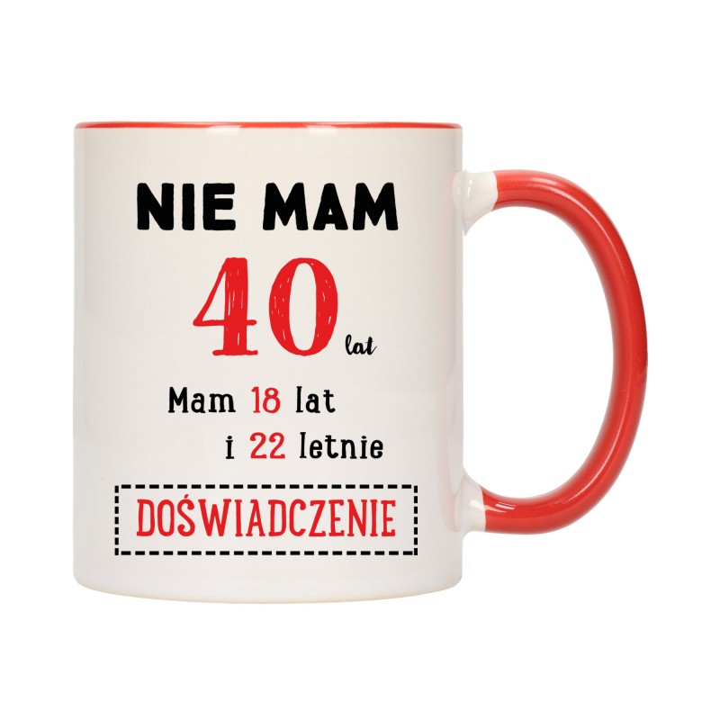 KUBEK KUBKI CZERWONY ŚRODEK UCHO NA 20 30 40 50 60 70 URODZINY PREZENT W167