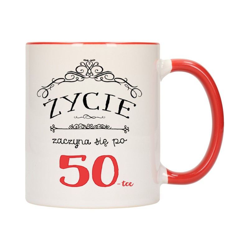 KUBEK KUBKI CZERWONY ŚRODEK UCHO NA 50 URODZINY PREZENT W172