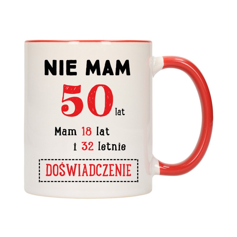 KUBEK KUBKI CZERWONY ŚRODEK UCHO NA 50 URODZINY PREZENT W173