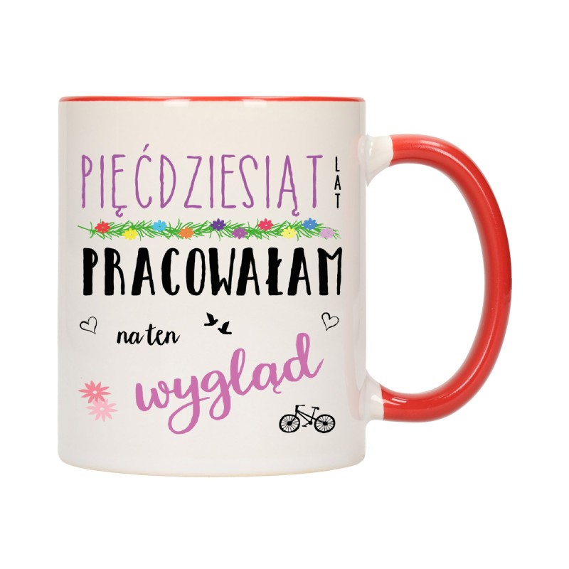 KUBEK KUBKI CZERWONY ŚRODEK UCHO NA 50 URODZINY PREZENT W175