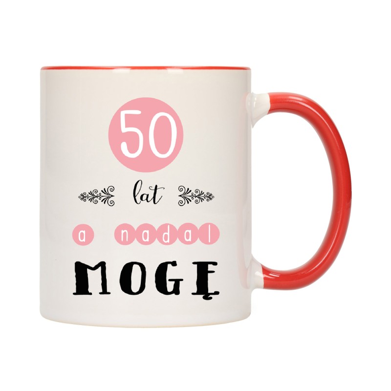 KUBEK KUBKI CZERWONY ŚRODEK UCHO NA 50 URODZINY PREZENT W177