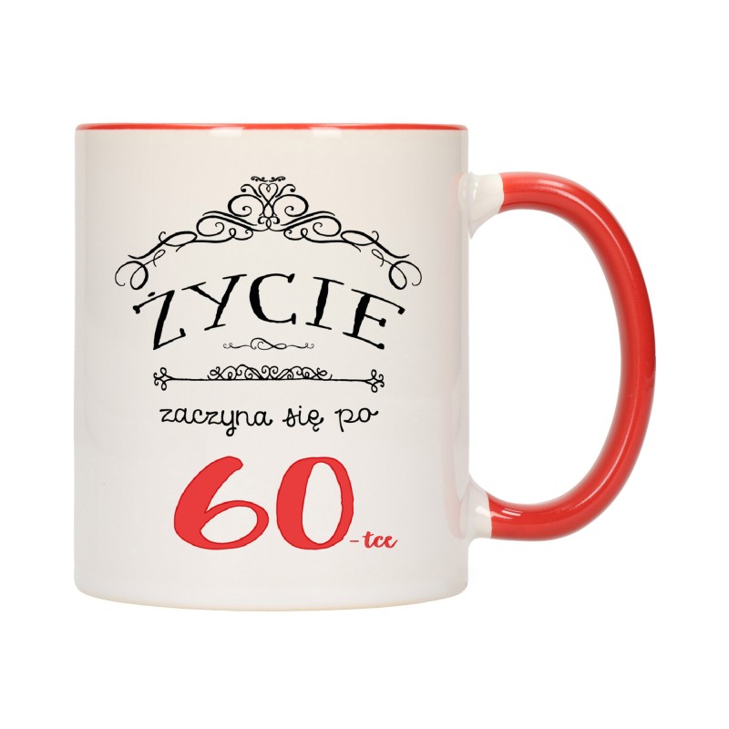 KUBEK KUBKI CZERWONY ŚRODEK UCHO NA 60 URODZINY PREZENT W180