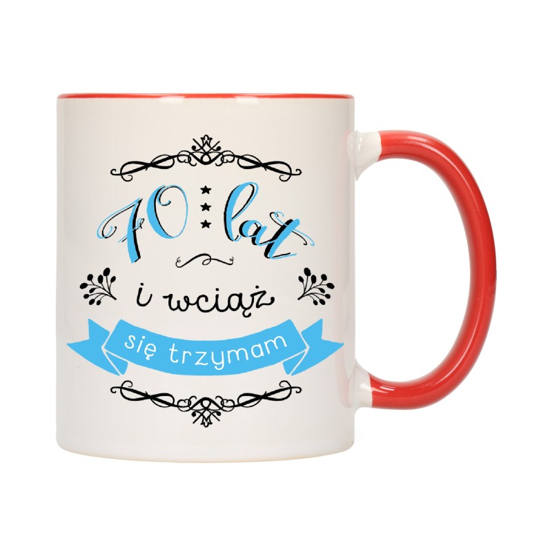 KUBEK KUBKI CZERWONY ŚRODEK UCHO NA 70 URODZINY PREZENT W183