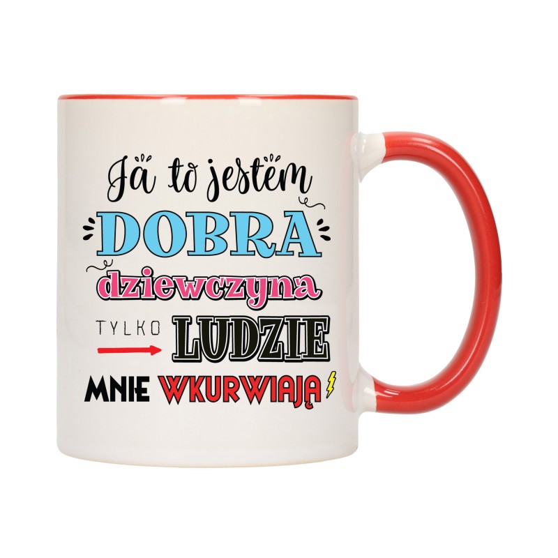 KUBEK KUBKI CZERWONY ŚRODEK UCHO DLA DZIEWCZYNY KOBIETY ŚMIESZNY NAPIS W658