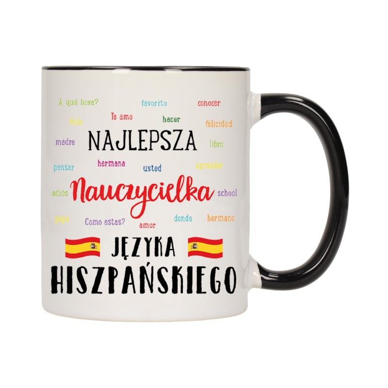 KUBEK KUBKI CZARNY ŚRODEK UCHO DLA NAJLEPSZA NAUCZYCIELKA HISZPAŃSKI W287