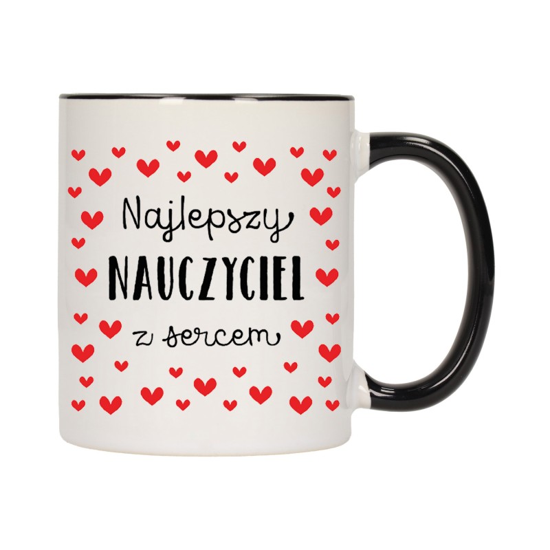 KUBEK KUBKI CZARNY ŚRODEK UCHO DLA NAJLEPSZY NAUCZYCIEL Z SERCEM W285