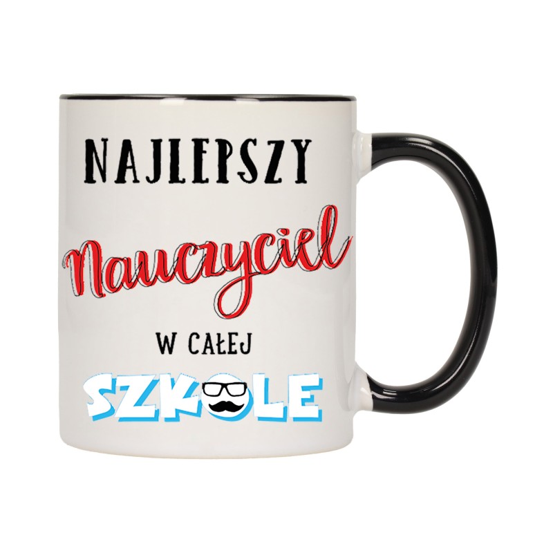 KUBEK KUBKI CZARNY ŚRODEK UCHO DLA NAJLEPSZY NAUCZYCIEL SZKOŁA PREZENT W189