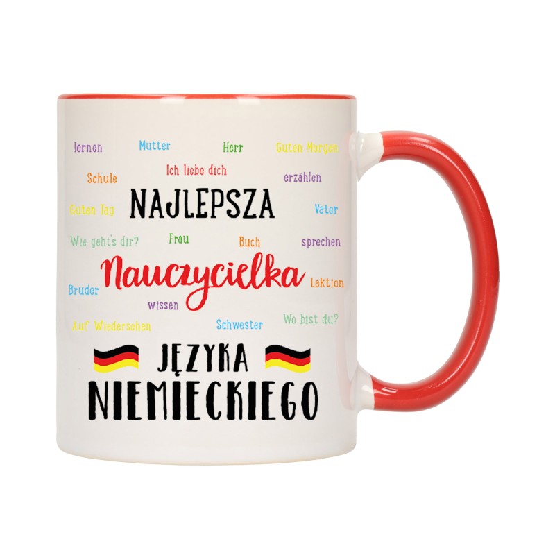 KUBEK KUBKI CZERWONY ŚRODEK UCHO DLA NAUCZYCIELKA NIEMIECKIEGO PREZENT W566