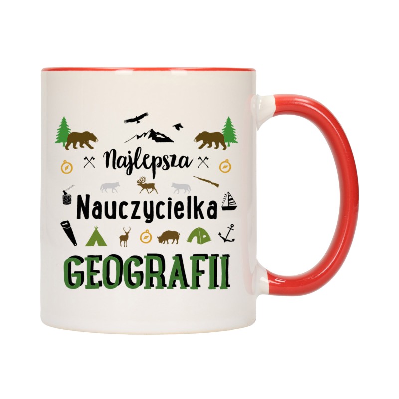 KUBEK KUBKI CZERWONY ŚRODEK UCHO DLA NAJLEPSZA NAUCZYCIELKA GEOGRAFII W556