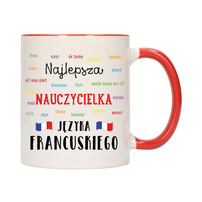 KUBEK CZERWONY ŚRODEK UCHO DLA NAJLEPSZA NAUCZYCIELKA FRANCUSKIEGO W567