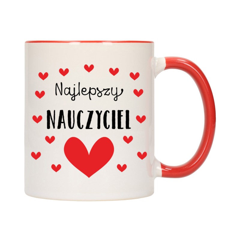 KUBEK KUBKI CZERWONY ŚRODEK UCHO DLA NAJLEPSZY NAUCZYCIEL Z SERCEM W553