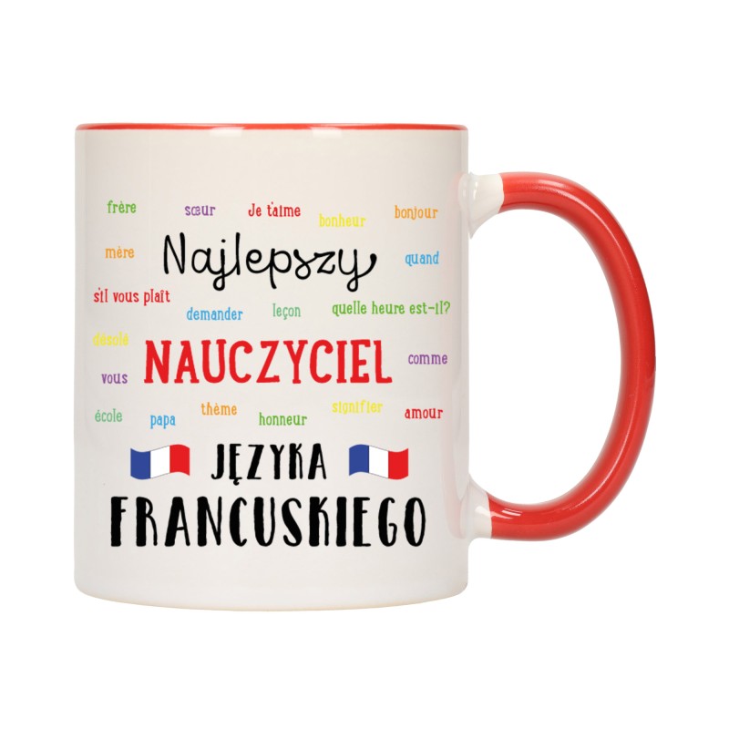 KUBEK KUBKI CZERWONY ŚRODEK UCHO DLA NAJLEPSZY NAUCZYCIEL FRANCUSKIEGO W448