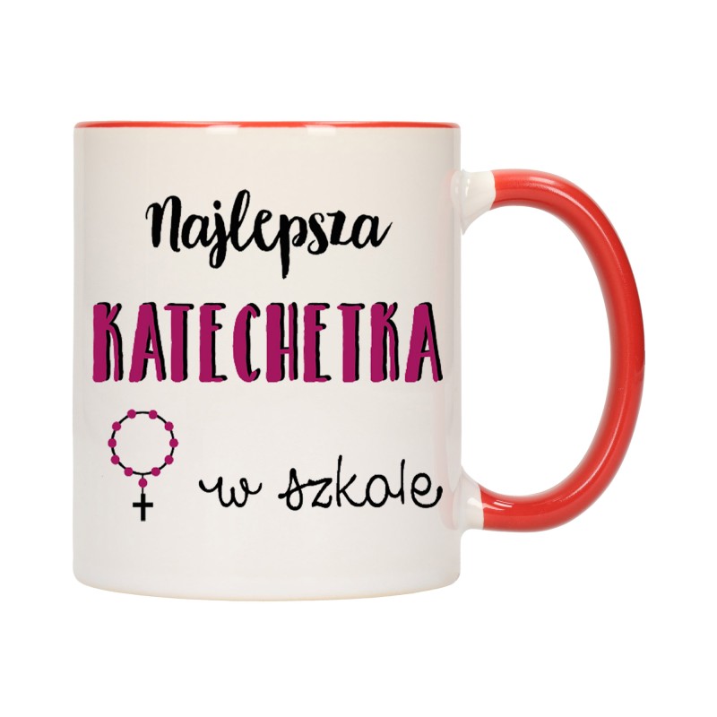 KUBEK KUBKI CZERWONY ŚRODEK UCHO DLA NAJLEPSZA KATECHETKA PREZENT W298