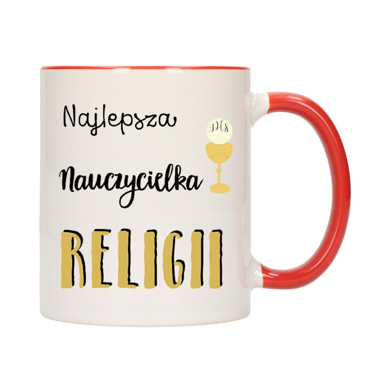 KUBEK KUBKI CZERWONY ŚRODEK UCHO DLA NAJLEPSZA NAUCZYCIELKA RELIGII W291