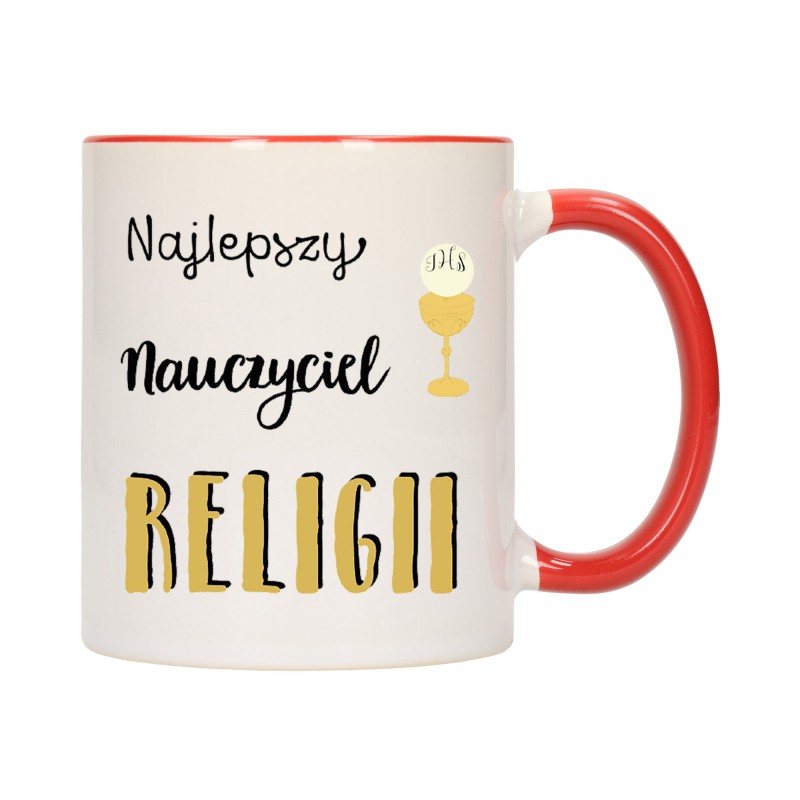 KUBEK KUBKI CZERWONY ŚRODEK UCHO DLA NAJLEPSZY NAUCZYCIEL RELIGII W290