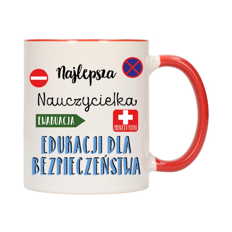 KUBEK KUBKI CZERWONY ŚRODEK DLA NAJLEPSZA NAUCZYCIELKA BEZPIECZEŃSTWA W288