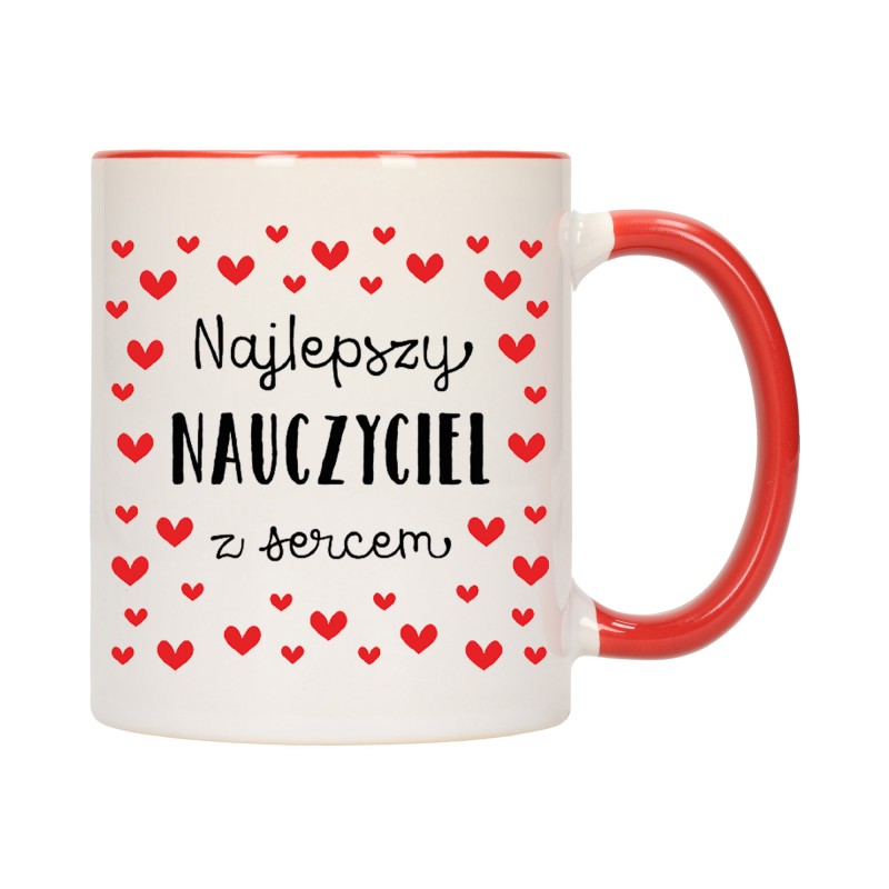KUBEK KUBKI CZERWONY ŚRODEK UCHO DLA NAJLEPSZY NAUCZYCIEL Z SERCEM W285