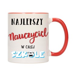 KUBEK CZERWONY ŚRODEK UCHO DLA NAJLEPSZY NAUCZYCIEL SZKOŁA PREZENT W189