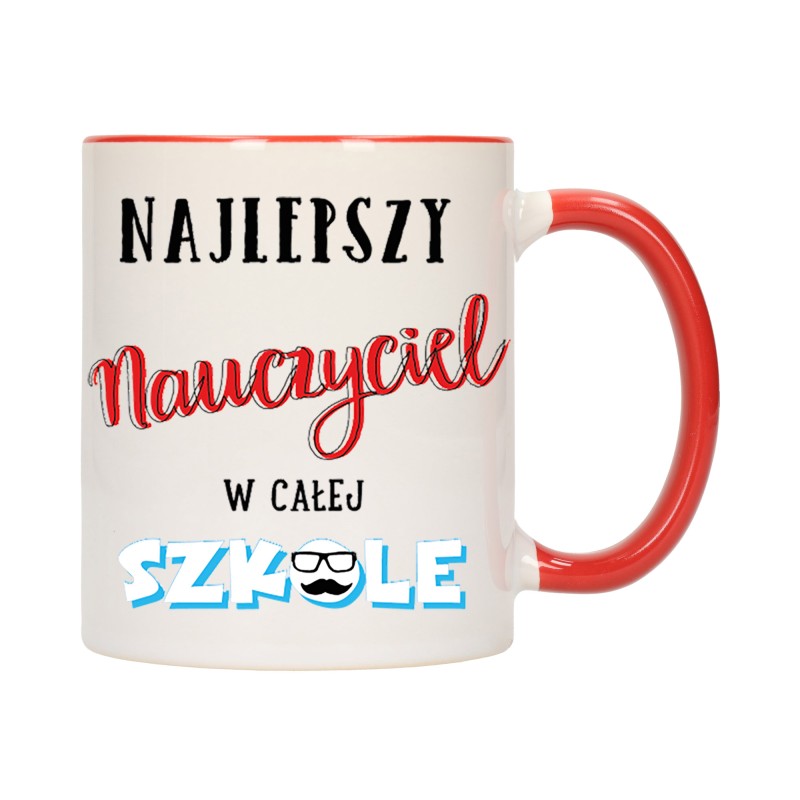 KUBEK CZERWONY ŚRODEK UCHO DLA NAJLEPSZY NAUCZYCIEL SZKOŁA PREZENT W189