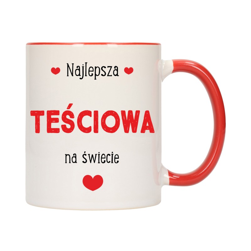 KUBEK CZERWONY ŚRODEK UCHO DLA TEŚCIOWEJ TEŚCIOWA RODZINY PREZENT W425