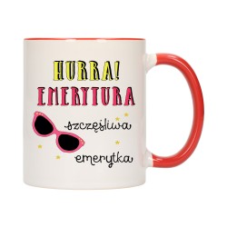 KUBEK KUBKI CZERWONY ŚRODEK UCHO DLA EMERYTKI EMERYTURA PREZENT W639