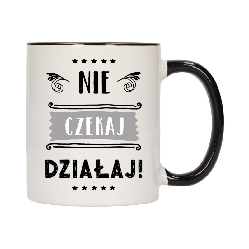 KUBEK KUBKI CZARNY ŚRODEK UCHO NAPIS MOTYWUJĄCY MOTYWACJA PREZENT W394