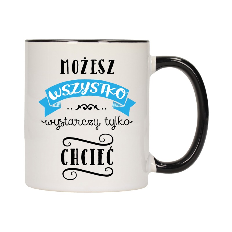 KUBEK KUBKI CZARNY ŚRODEK UCHO NAPIS MOTYWUJĄCY MOTYWACJA PREZENT W391