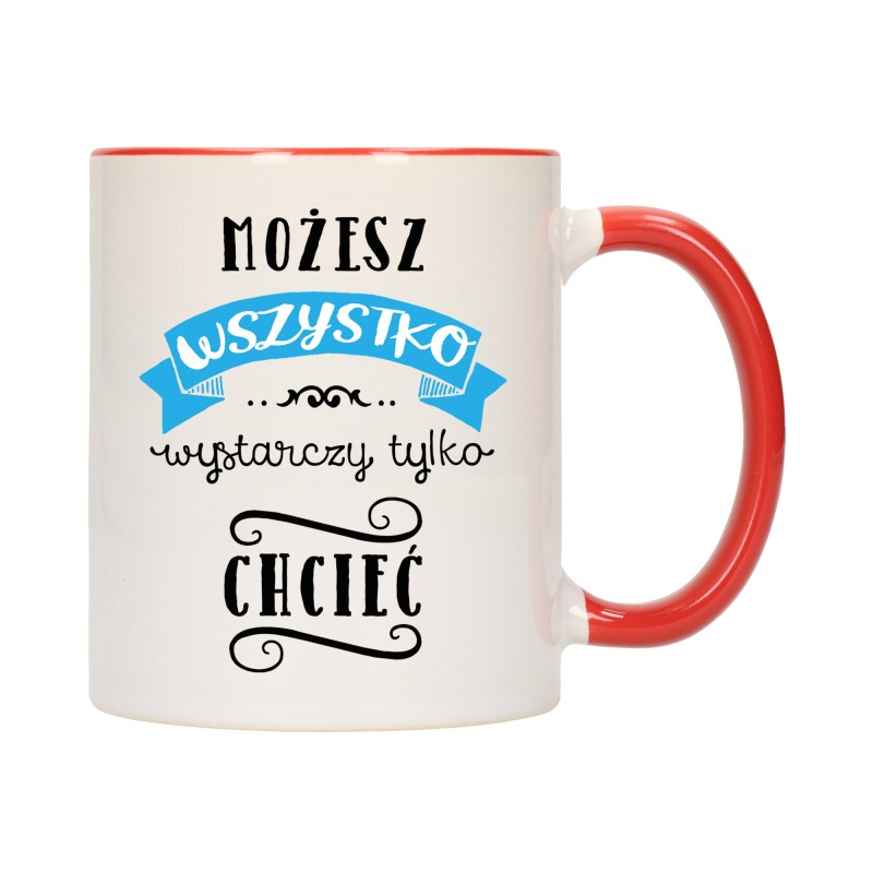 KUBEK KUBKI CZERWONY ŚRODEK UCHO NAPIS MOTYWUJĄCY MOTYWACJA PREZENT W391