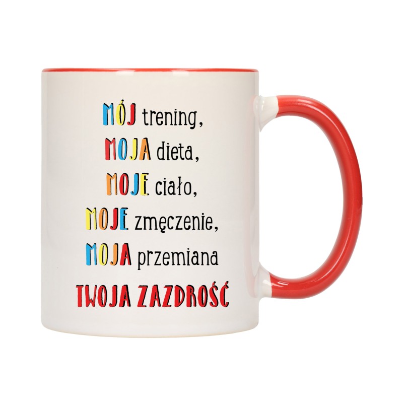 KUBEK KUBKI CZERWONY ŚRODEK UCHO NAPIS MOTYWUJĄCY MOTYWACJA PREZENT W390