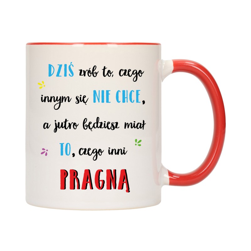 KUBEK KUBKI CZERWONY ŚRODEK UCHO NAPIS MOTYWUJĄCY MOTYWACJA PREZENT W386