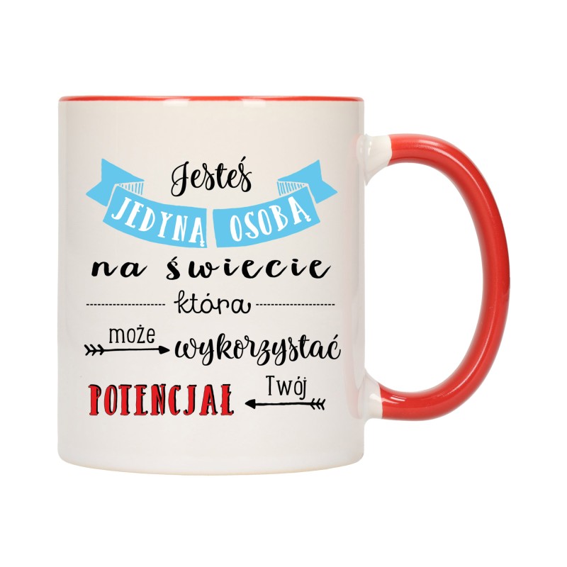 KUBEK KUBKI CZERWONY ŚRODEK I UCHO NAPIS MOTYWUJĄCY MOTYWACJA PREZENT W453