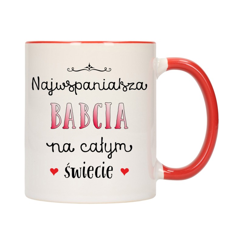 KUBEK KUBKI CZERWONY ŚRODEK UCHO DLA DZIEŃ BABCI DZIADKA PREZENT W339