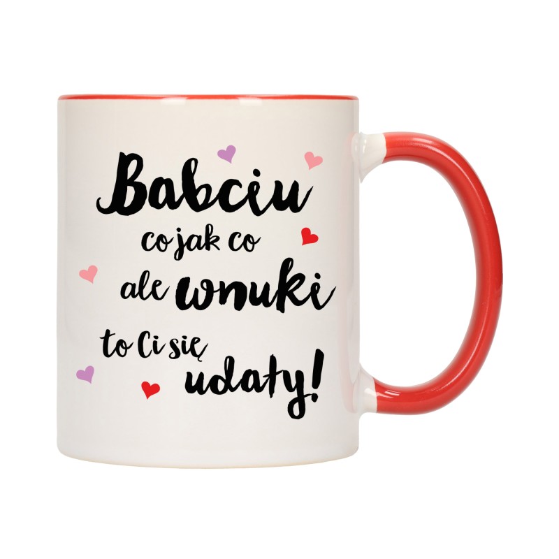 KUBEK KUBKI CZERWONY ŚRODEK UCHO DLA DZIEŃ BABCI DZIADKA PREZENT W343