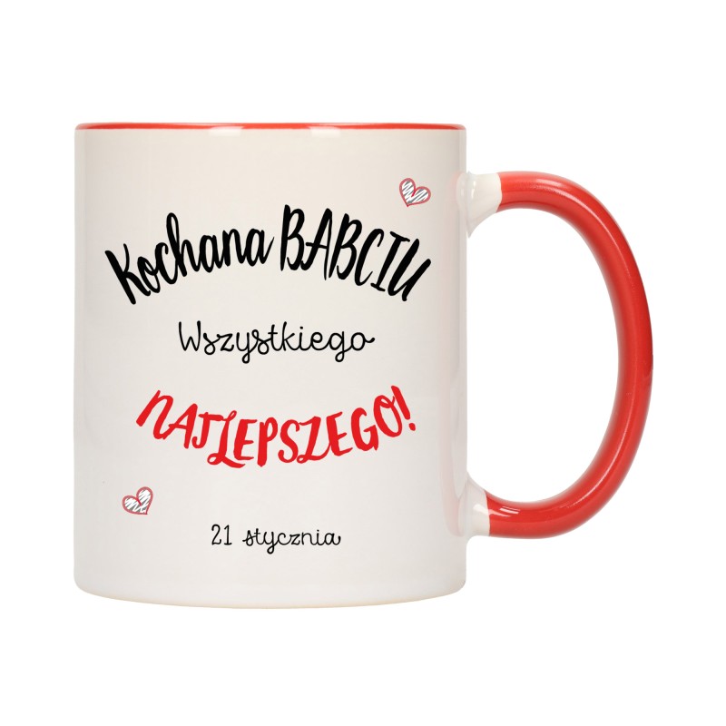 KUBEK KUBKI CZERWONY ŚRODEK UCHO DLA DZIEŃ BABCI DZIADKA PREZENT W336