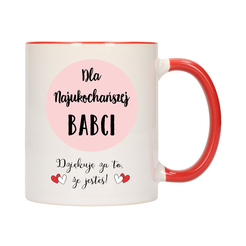 KUBEK KUBKI CZERWONY ŚRODEK UCHO DLA DZIEŃ BABCI DZIADKA PREZENT W337