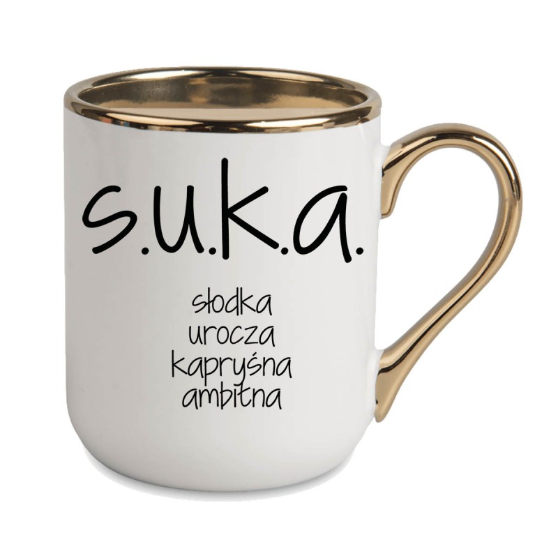 KUBEK ZŁOTY RANT UCHO ŚMIESZNY ZABAWNY NAPIS PUDEŁKO OZDOBNE PREZENT W833