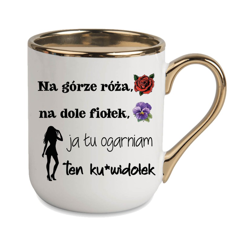 KUBEK ZŁOTY RANT UCHO ŚMIESZNY ZABAWNY NAPIS PUDEŁKO OZDOBNE PREZENT W848