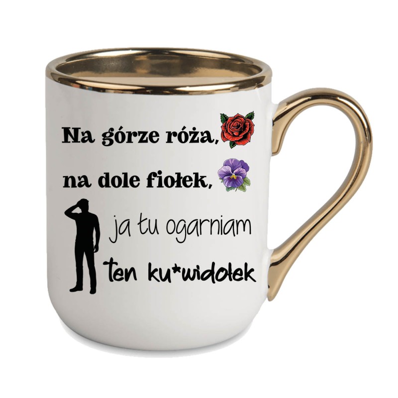 KUBEK ZŁOTY RANT UCHO ŚMIESZNY ZABAWNY NAPIS PUDEŁKO OZDOBNE PREZENT W857